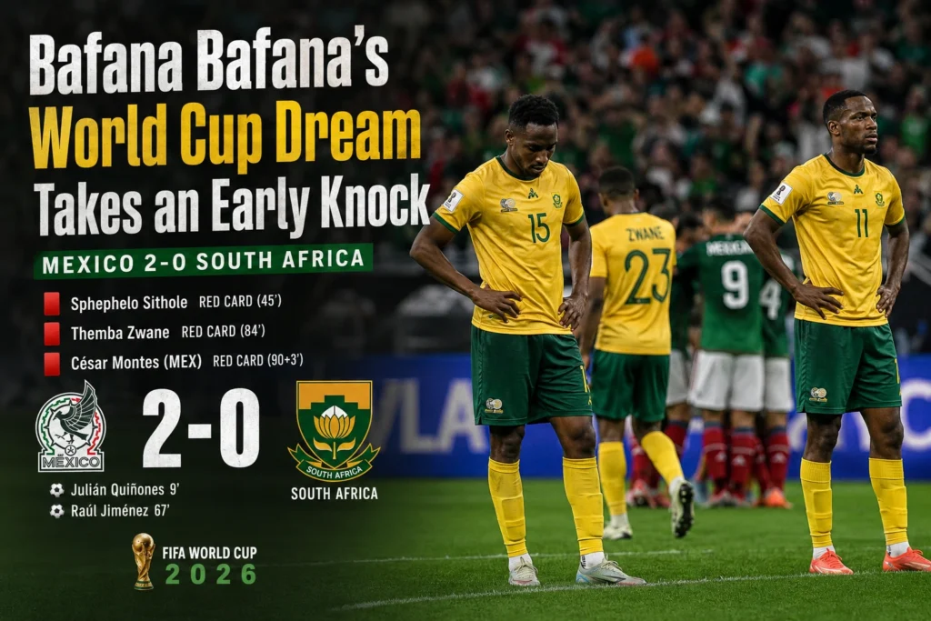 Bafana Bafana players react after their 2-0 defeat to Mexico in the 2026 FIFA World Cup opener at Estadio Azteca. Bafana Bafana World Cup Defeat