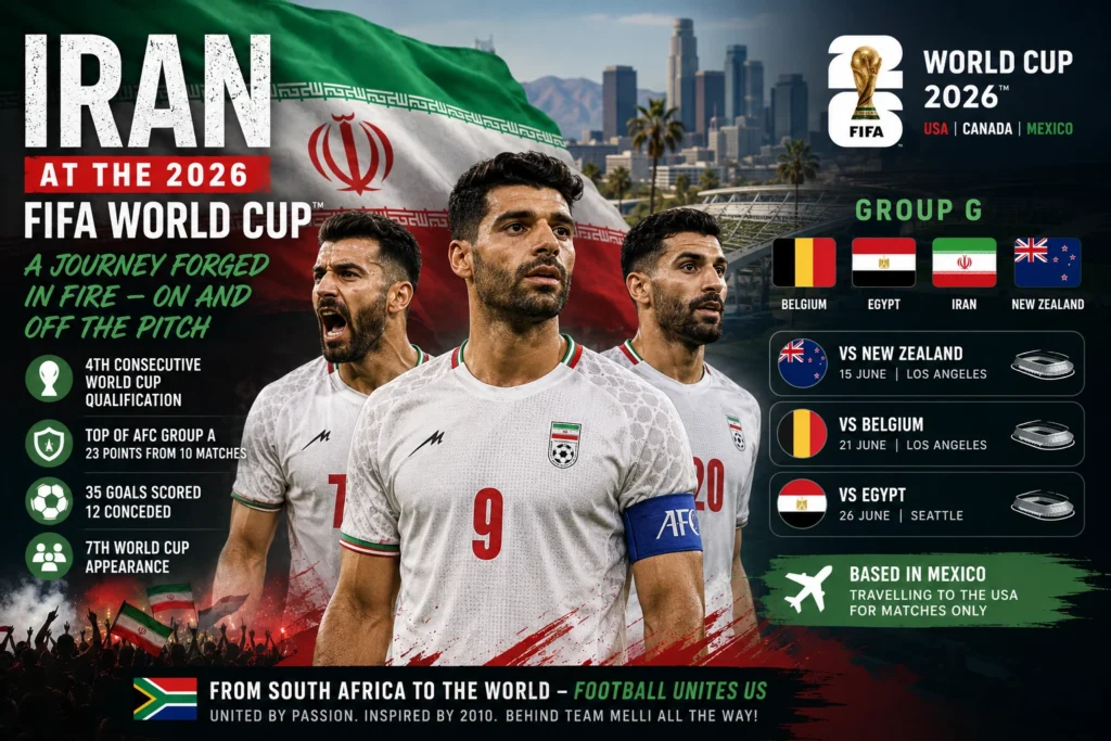 Iran national football team at the 2026 FIFA World Cup with Group G fixtures and stadium backdrop for South African football fans webp Iran 2026 FIFA World Cup