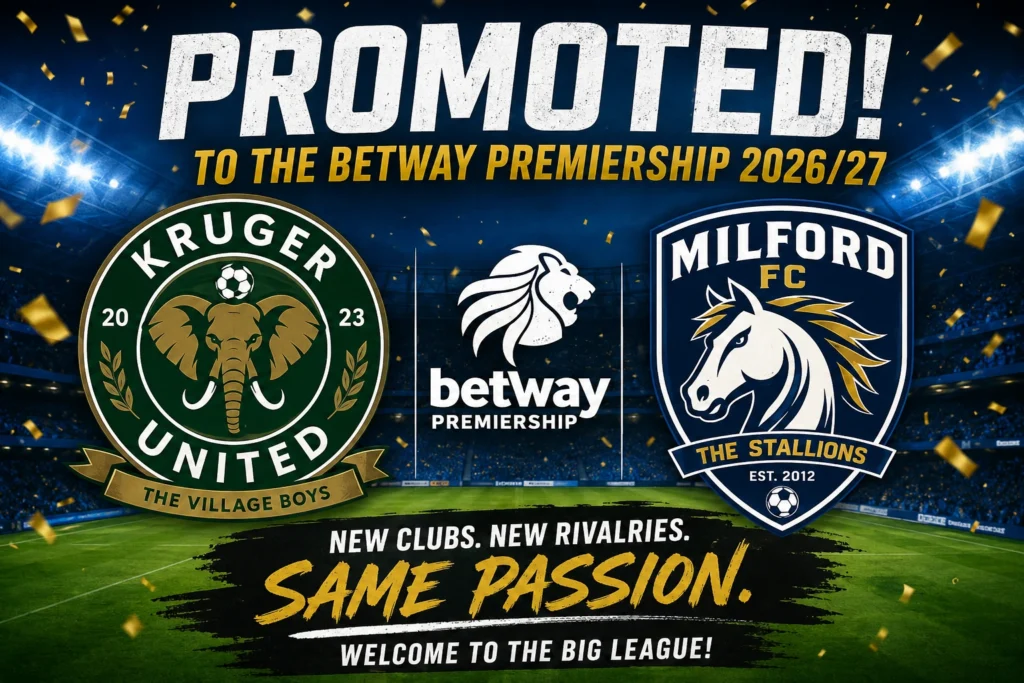betway premiership new teams logos image webp Kruger United and Milford FC