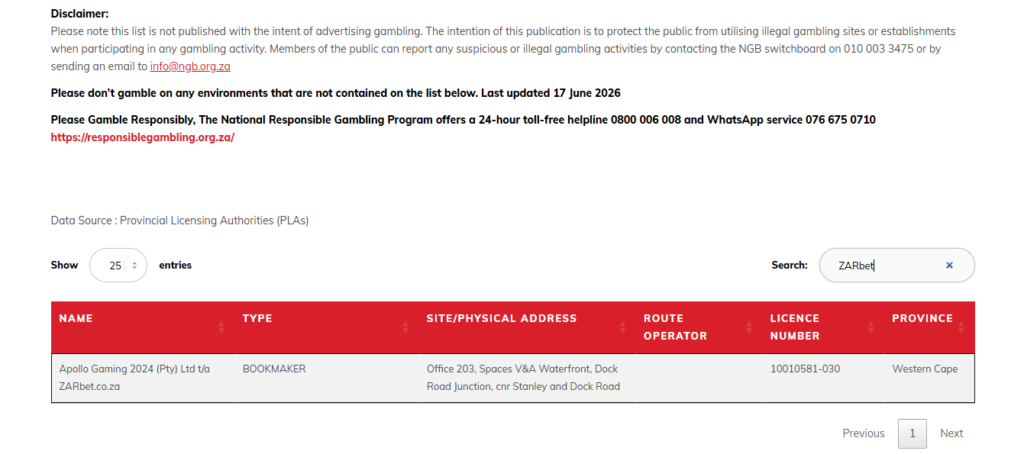 NGB Zarbet verification screenshot ZARbet verification results screenshot