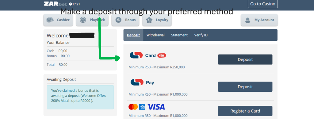 ZARbet welcome bonus instructions Zarbets Bonus code instructions - step 2