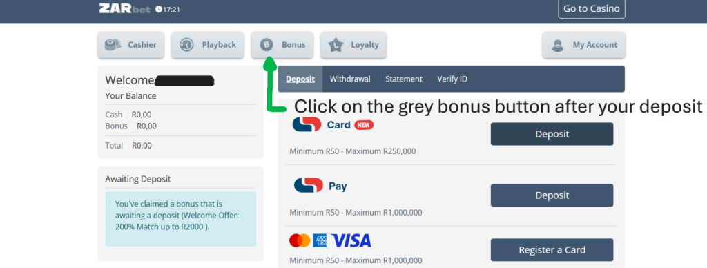 ZARbet welcome bonus instructions step 3 Zarbets Bonus code instructions - step 3