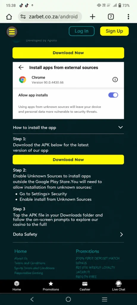Android app download instructions Zarbet Android app instructions