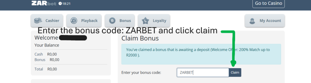 Zarbet welcome bonus instructions step 4 Zarbet Bonus code instructions - step 4